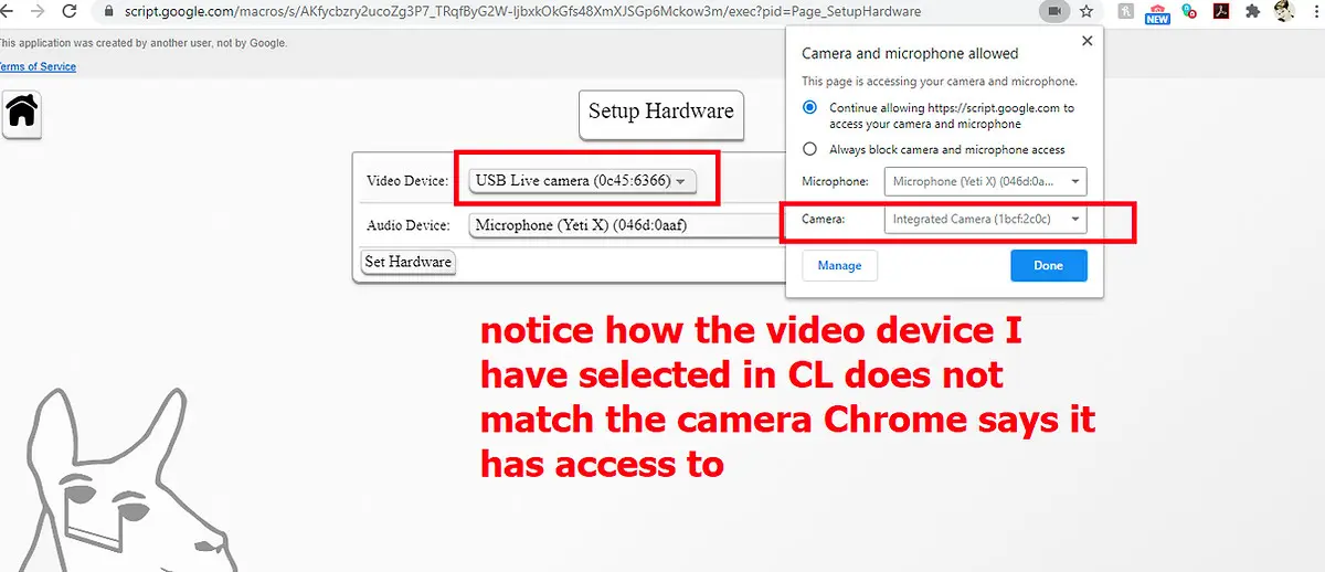 The second image of a tutorial series to fix your camera in Cyborg Llama: notice the camera allowed and camera selected do not match.