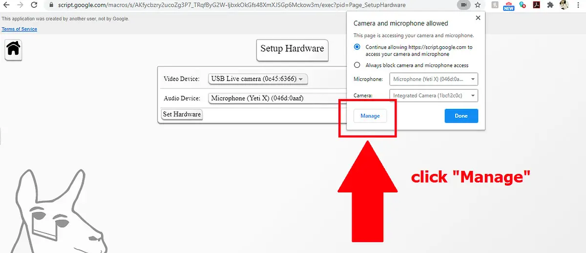 The third image of a tutorial series to fix your camera in Cyborg Llama: click the manage button.