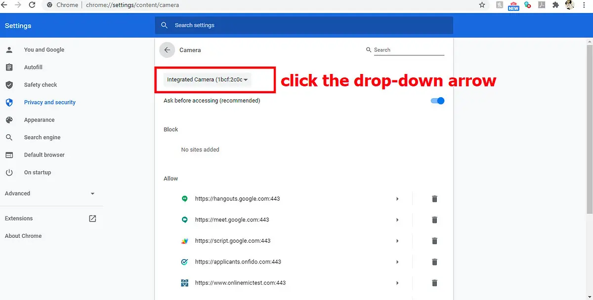 The fifth image of a tutorial series to fix your camera in Cyborg Llama: click the dropdown for the camera