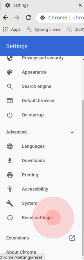 Third screenshot in a tutorial series showing how to reset Chrome