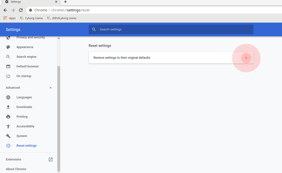 Fourth screenshot in a tutorial series showing how to reset Chrome